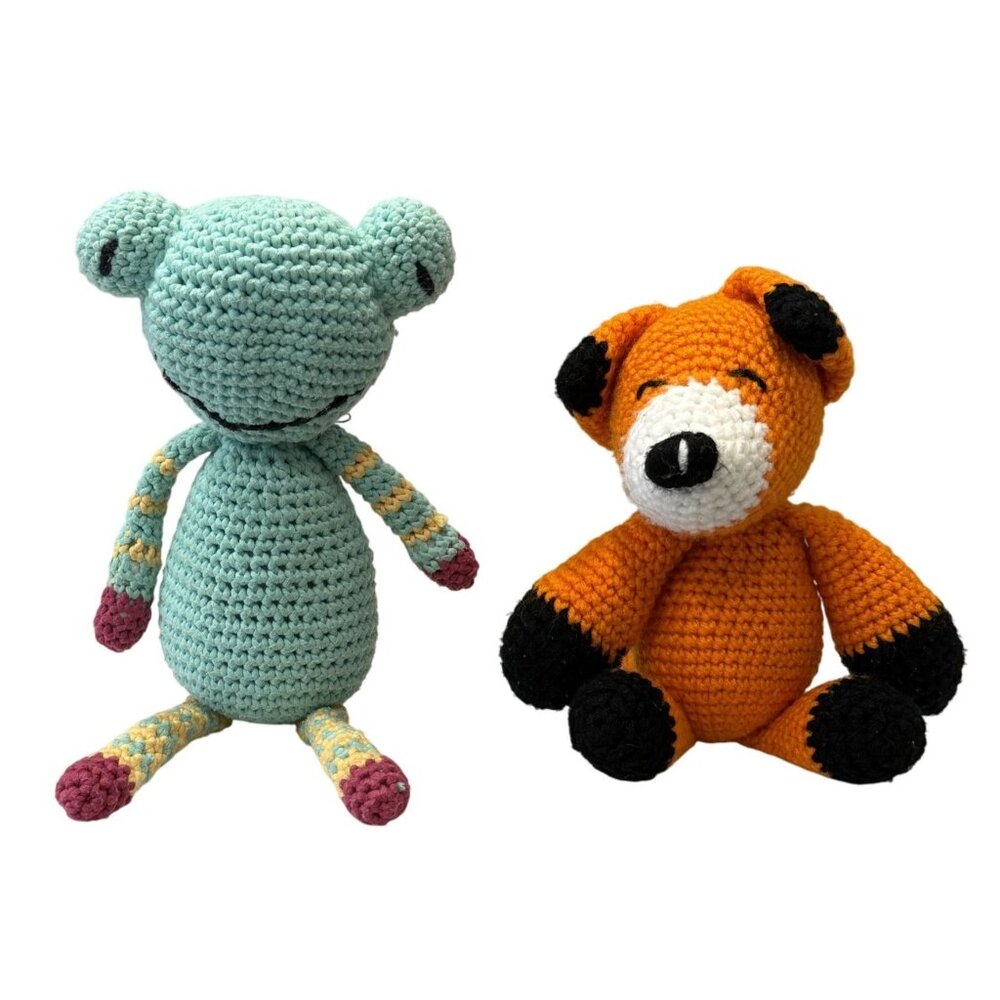 Handmade Crochet Frog Fox Plush Toys 7" Cute Animal Design Soft Yarn Stuffed